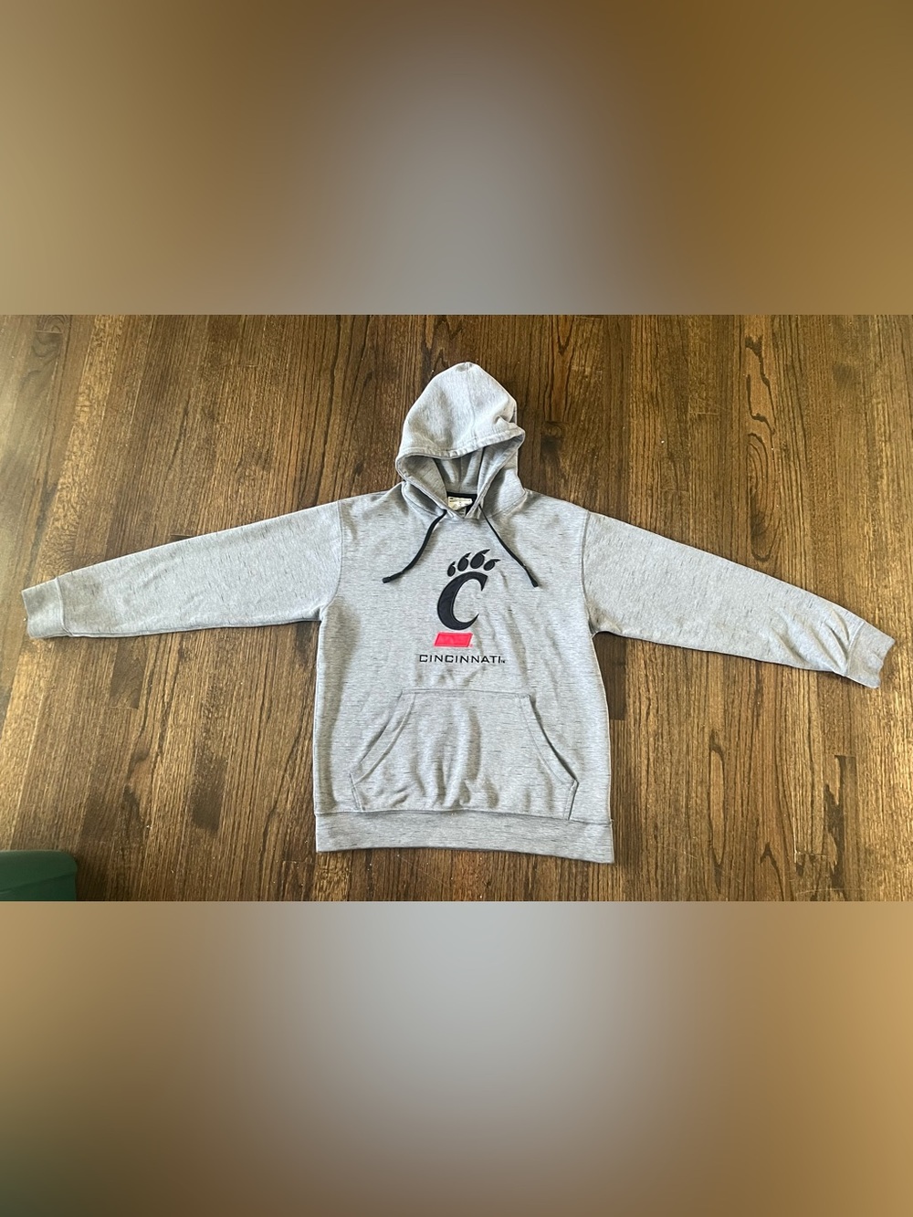 Champion Light Gray Hoodie with Black 'C' Logo and Red Accent
